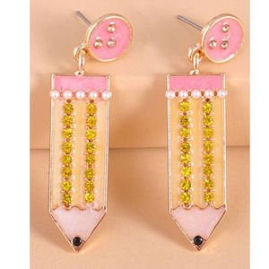 NEW Teachers Gift Jeweled Pencil Stud Earrings w/ Pearl Accents